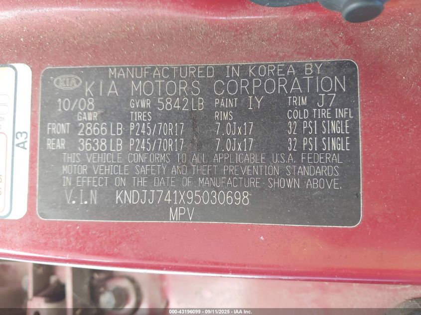 2009 Kia Borrego Lx VIN: KNDJJ741X95030698 Lot: 43196099