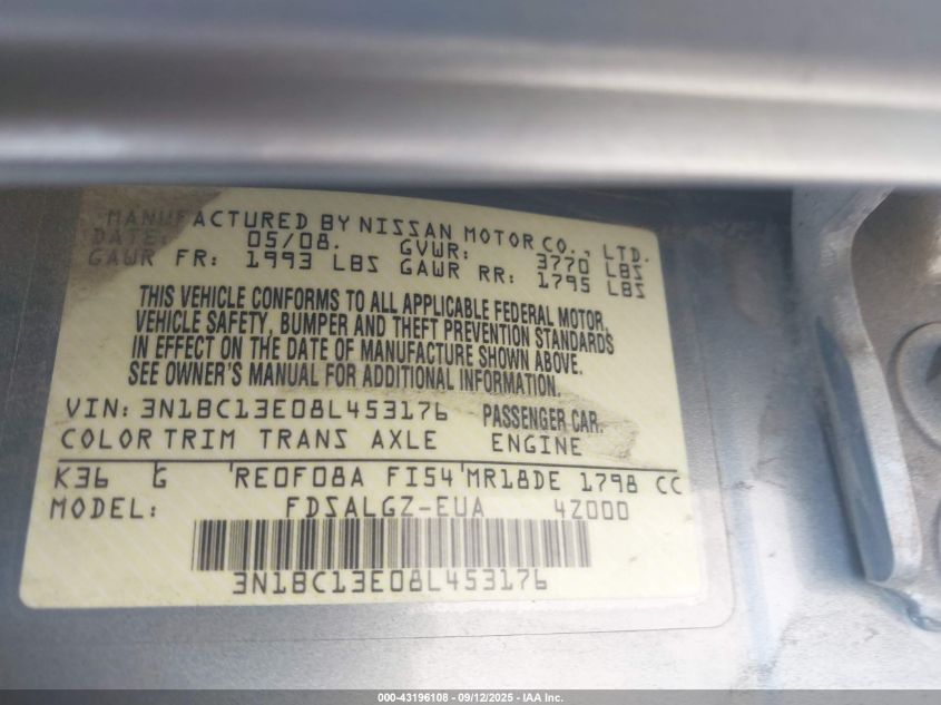 2008 Nissan Versa 1.8Sl VIN: 3N1BC13E08L453176 Lot: 43196108