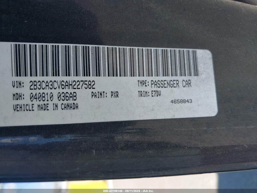 2010 Dodge Charger Sxt VIN: 2B3CA3CV6AH227582 Lot: 43196146