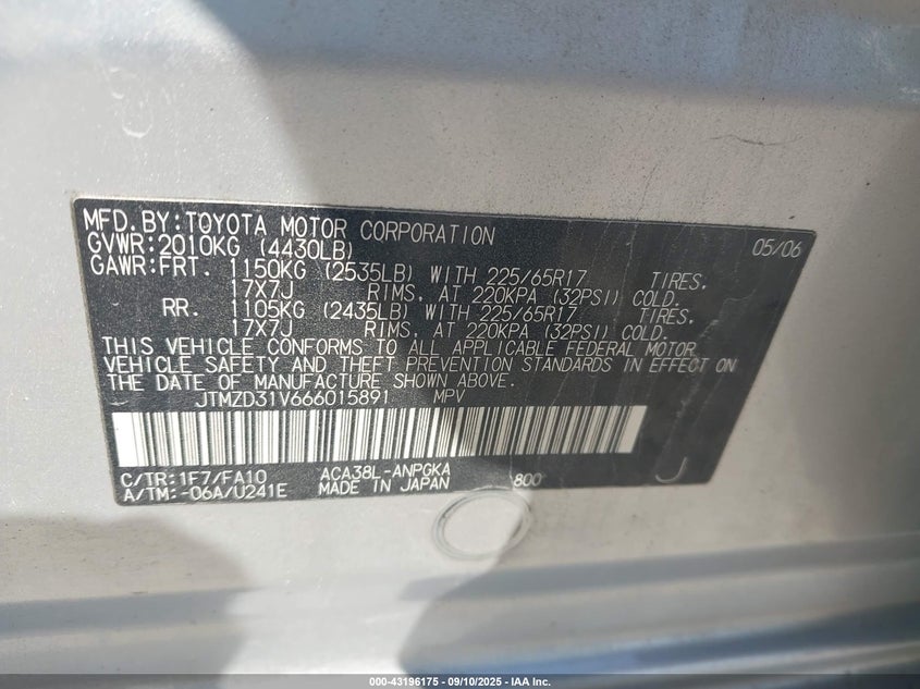JTMZD31V666015891 2006 TOYOTA RAV 4 photo no. 9