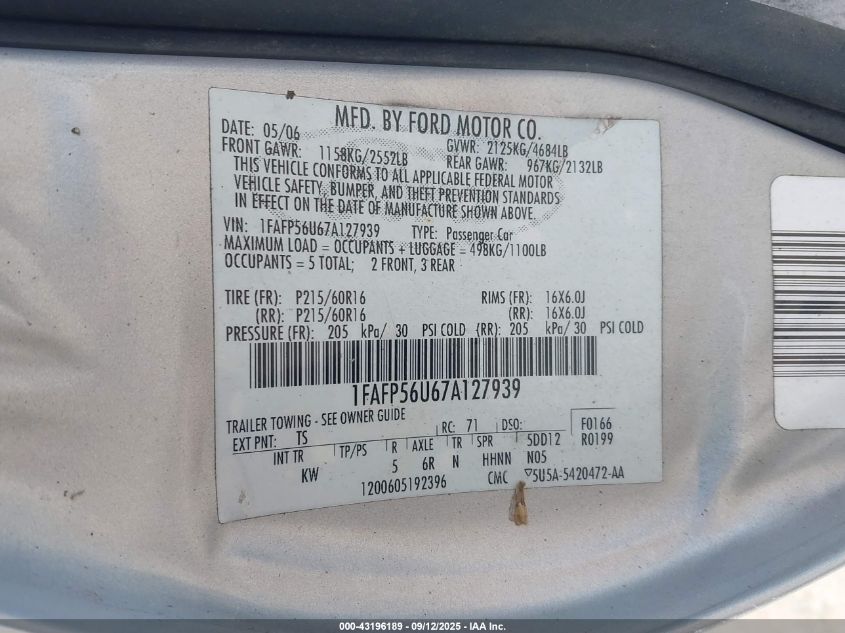 2007 Ford Taurus Sel VIN: 1FAFP56U67A127939 Lot: 43196189