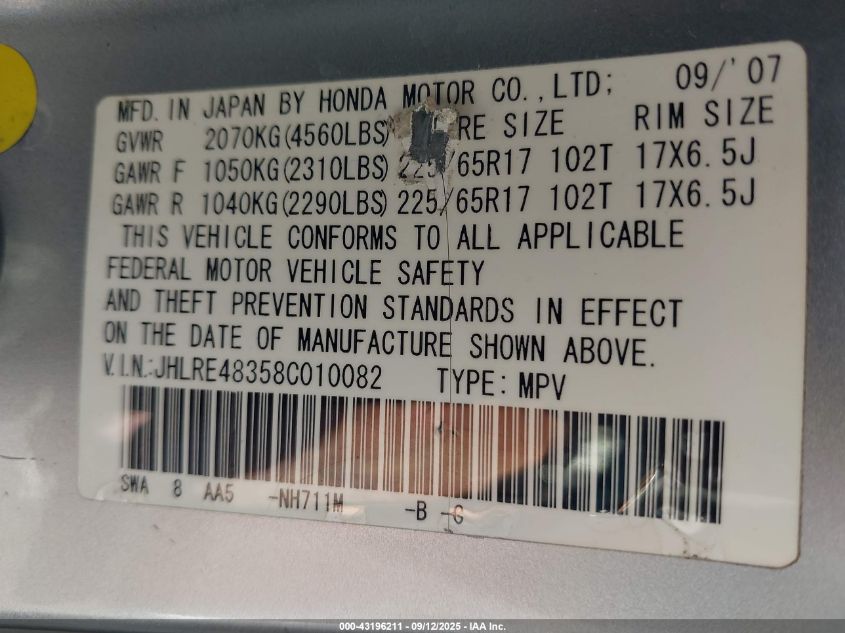 2008 Honda Cr-V Lx VIN: JHLRE48358C010082 Lot: 43196211