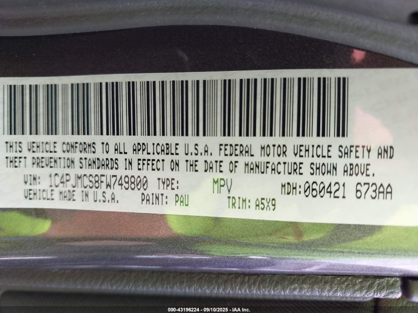 2015 Jeep Cherokee Latitude VIN: 1C4PJMCS8FW749800 Lot: 43196224