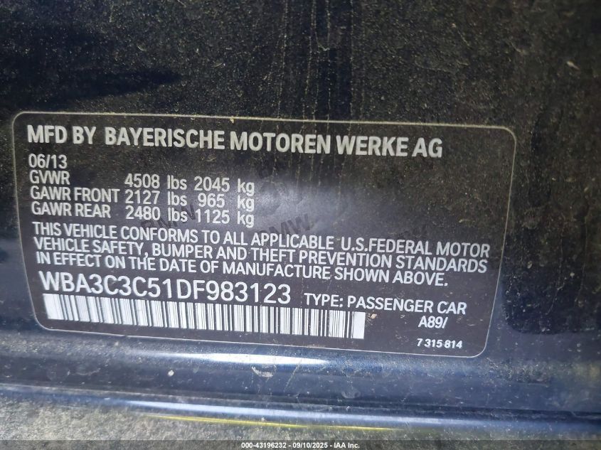 2013 BMW 320I xDrive VIN: WBA3C3C51DF983123 Lot: 43196232