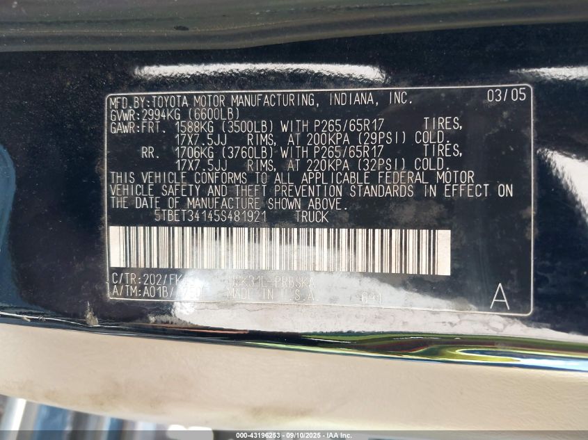 2005 Toyota Tundra Sr5 V8 VIN: 5TBET34145S481921 Lot: 43196253