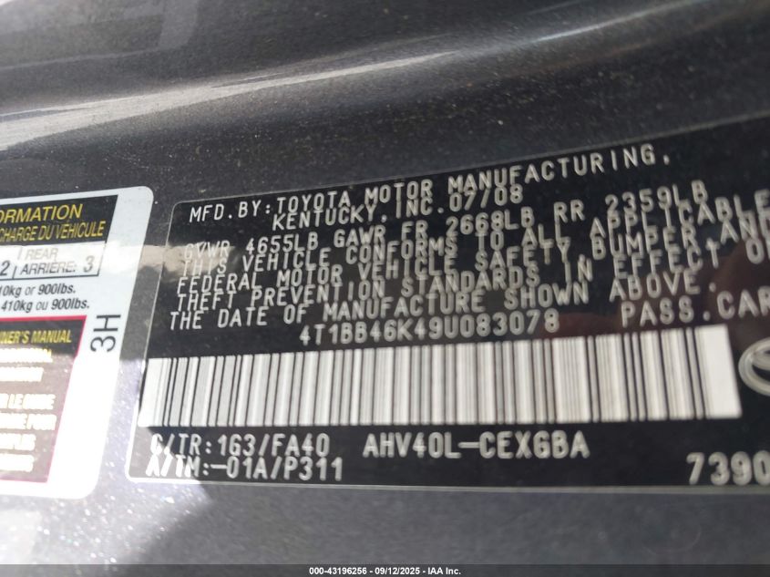2009 Toyota Camry Hybrid VIN: 4T1BB46K49U083078 Lot: 43196256