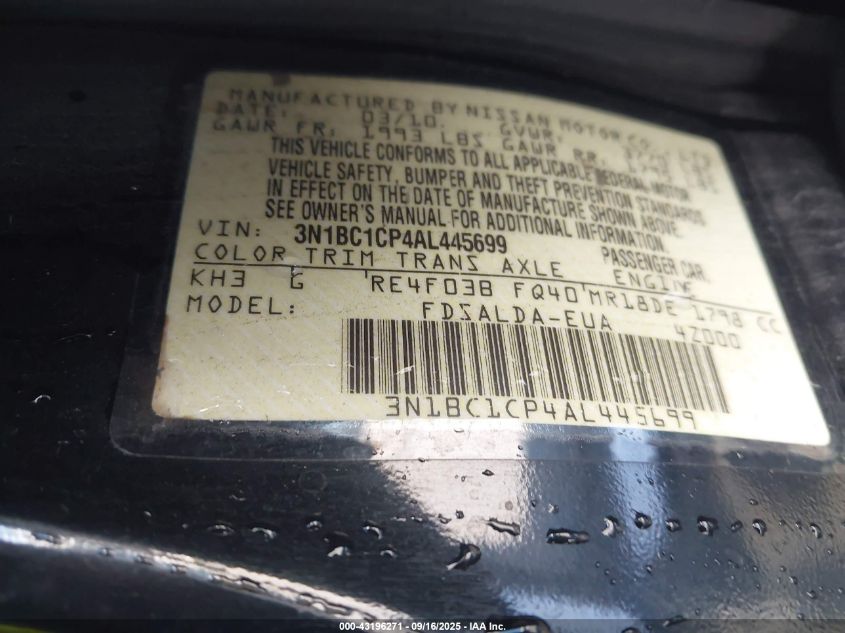 2010 Nissan Versa 1.8S VIN: 3N1BC1CP4AL445699 Lot: 43196271