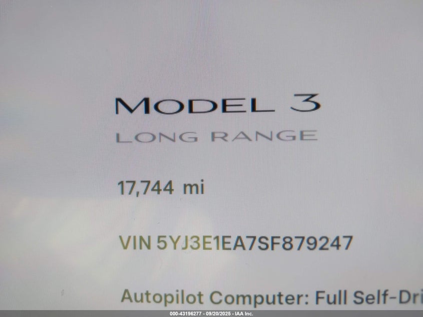 2025 Tesla Model 3 Long Range Rear-Wheel Drive VIN: 5YJ3E1EA7SF879247 Lot: 43196277