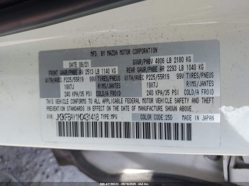 2021 Mazda Cx-5 Grand Touring Reserve VIN: JM3KFBAY1M0431418 Lot: 43196333