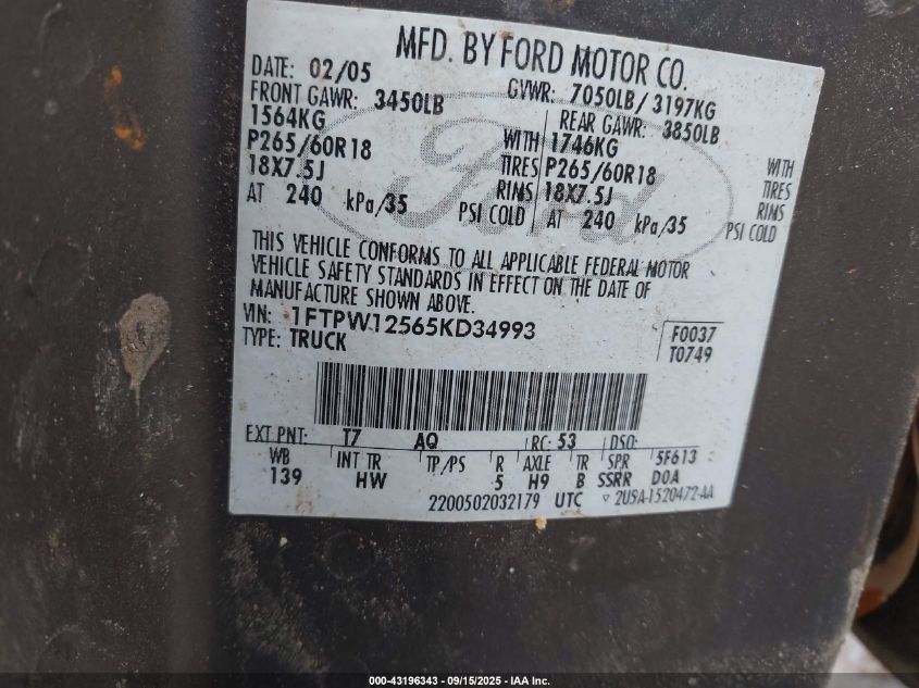 2005 Ford F150 Supercrew VIN: 1FTPW12565KD34993 Lot: 43196343