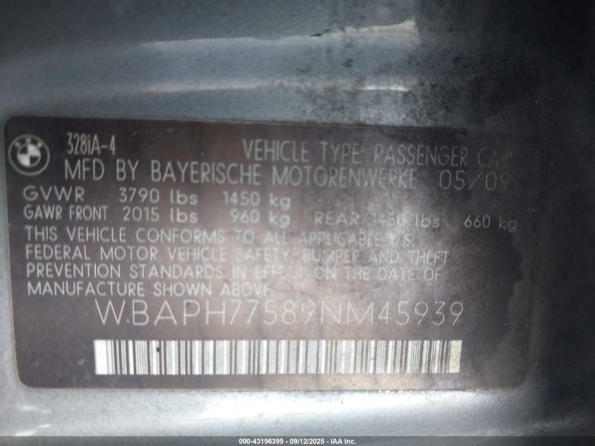 2009 BMW 328I VIN: WBAPH77589NM45939 Lot: 43196399