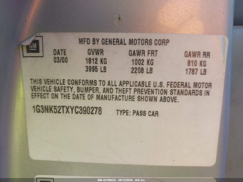 1G3NK52TXYC390278 2000 OLDSMOBILE ALERO photo no. 9