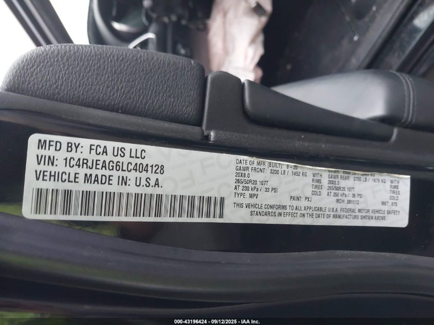 2020 Jeep Grand Cherokee Altitude 4X2 VIN: 1C4RJEAG6LC404128 Lot: 43196424