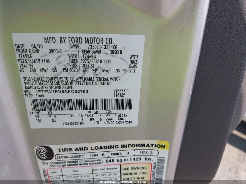 2010 Ford F-150 Fx4/Harley-Davidson/King Ranch/Lariat/Platinum/Xl/Xlt VIN: 1FTFW1EV6AFC62753 Lot: 43196438