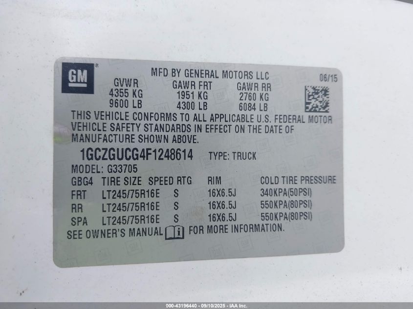 2015 Chevrolet Express 3500 Work Van VIN: 1GCZGUCG4F1248614 Lot: 43196440