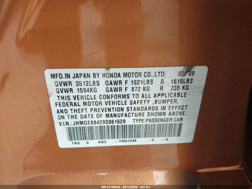2009 Honda Fit Sport VIN: JHMGE88429S061629 Lot: 43196444