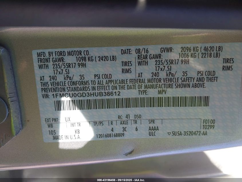 2017 Ford Escape Se VIN: 1FMCU0GD3HUB38612 Lot: 43196456