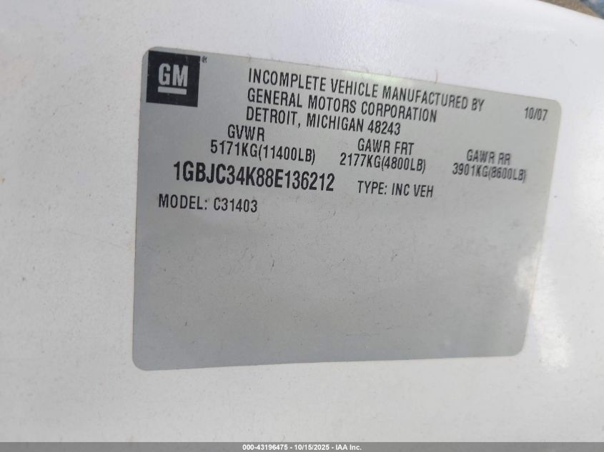 2008 Chevrolet Silverado 3500Hd Chassis Work Truck VIN: 1GBJC34K88E136212 Lot: 43196475