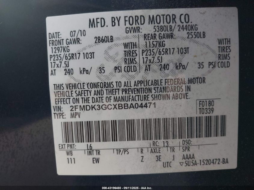 2011 Ford Edge Se VIN: 2FMDK3GCXBBA04471 Lot: 43196480