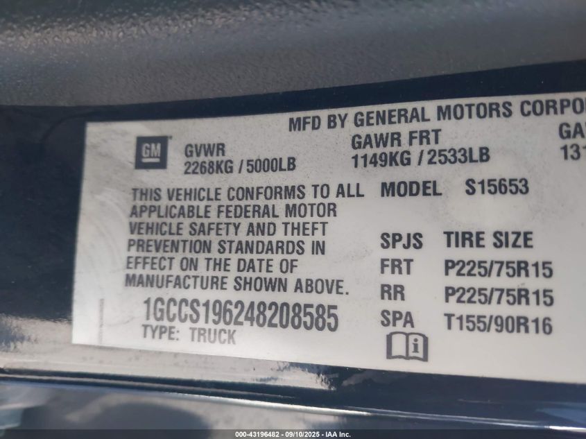 2004 Chevrolet Colorado VIN: 1GCCS196248208585 Lot: 43196482
