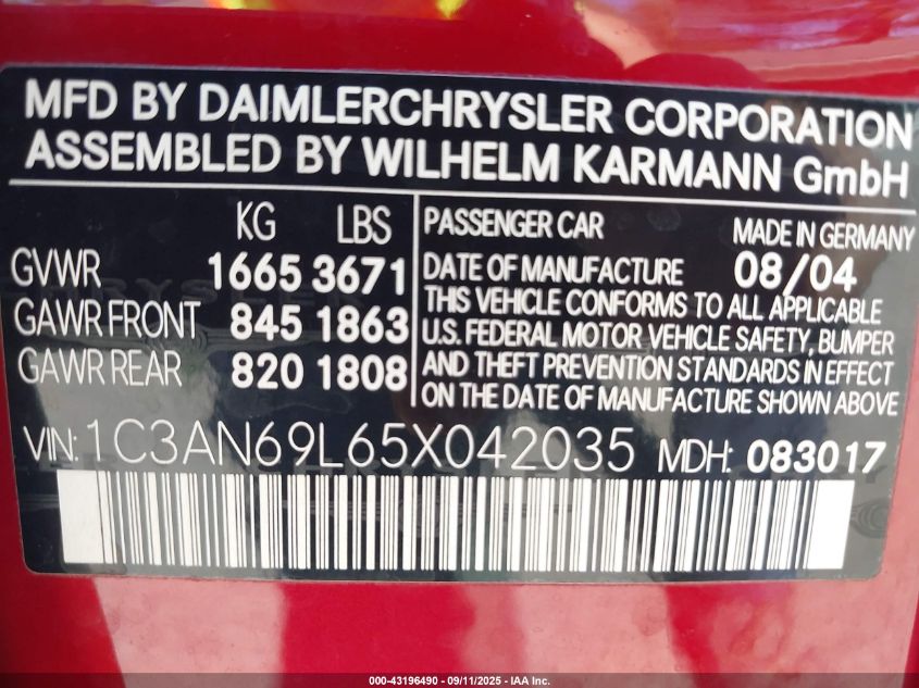 2005 Chrysler Crossfire Limited VIN: 1C3AN69L65X042035 Lot: 43196490