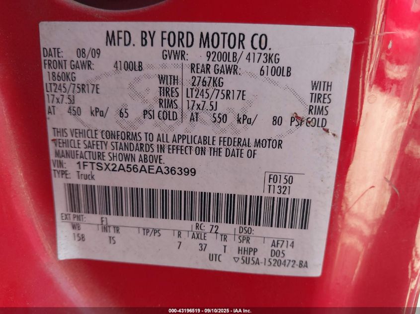 2010 Ford F-250 Lariat/Xl/Xlt VIN: 1FTSX2A56AEA36399 Lot: 43196519