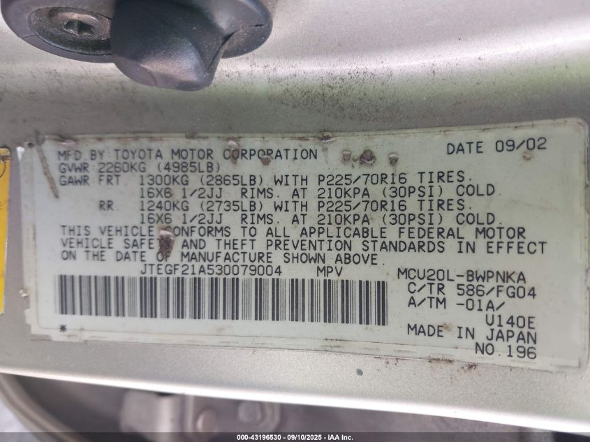 2003 Toyota Highlander V6 VIN: JTEGF21A530079004 Lot: 43196530