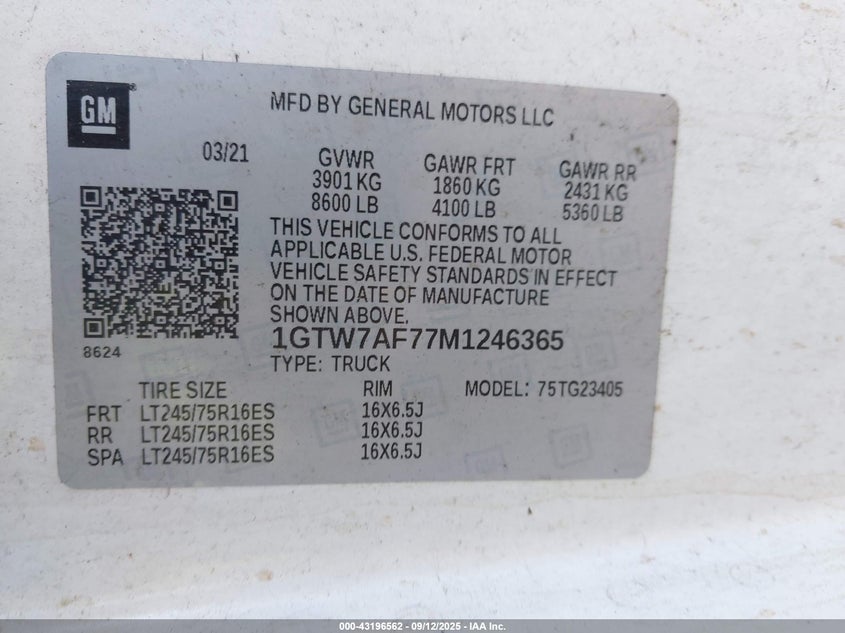 2021 GMC Savana Cargo Rwd 2500 Regular Wheelbase Work Van VIN: 1GTW7AF77M1246365 Lot: 43196562