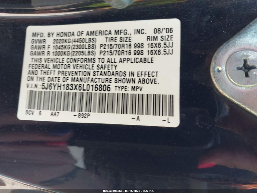 2006 Honda Element Lx VIN: 5J6YH183X6L016806 Lot: 43196566