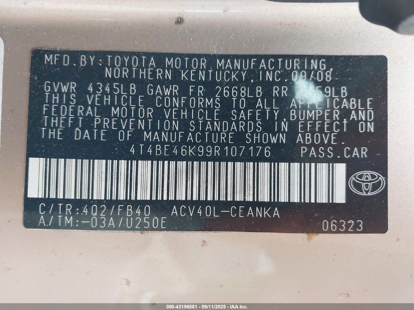 2009 Toyota Camry Le VIN: 4T4BE46K99R107176 Lot: 43196581