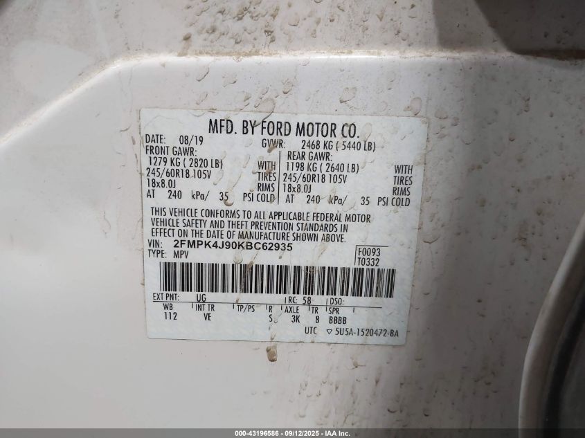 2019 Ford Edge Sel VIN: 2FMPK4J90KBC62935 Lot: 43196586