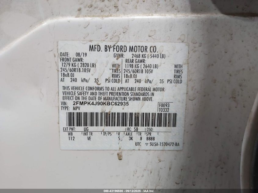 2019 Ford Edge Sel VIN: 2FMPK4J90KBC62935 Lot: 43196586
