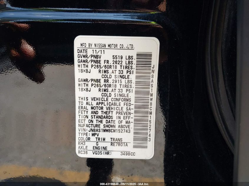 2012 Infiniti Fx35 VIN: JN8AS1MW8CM152743 Lot: 43196648