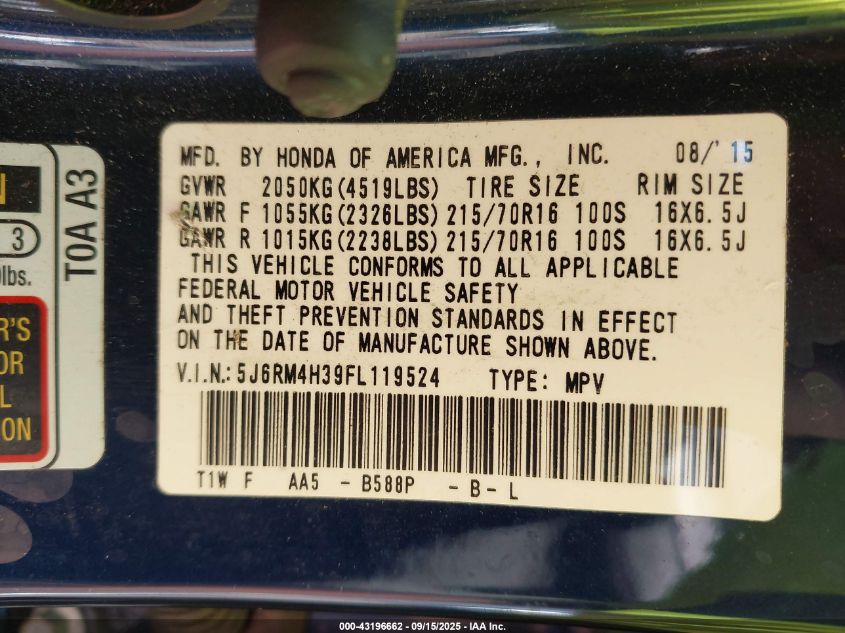 2015 Honda Cr-V Lx VIN: 5J6RM4H39FL119524 Lot: 43196662