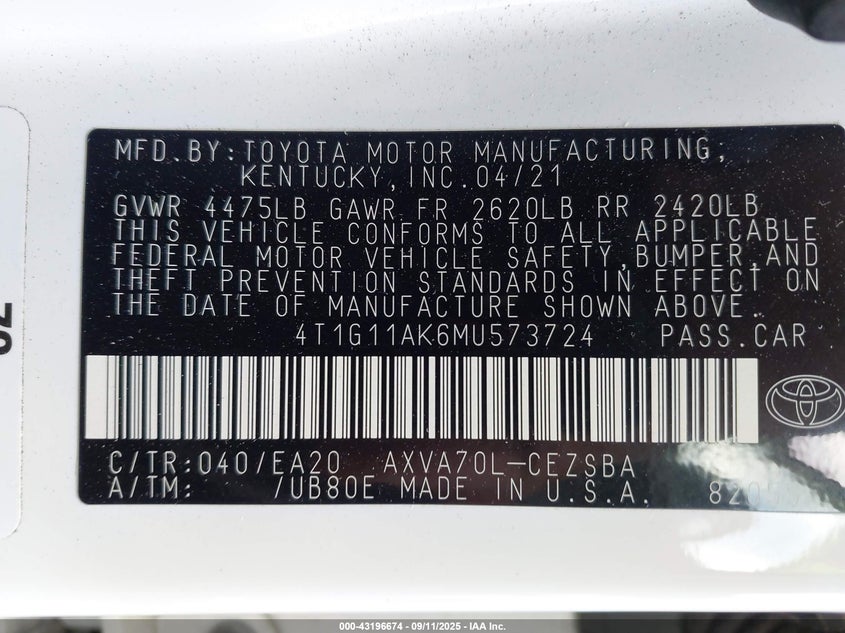 2021 TOYOTA CAMRY SE - 4T1G11AK6MU573724