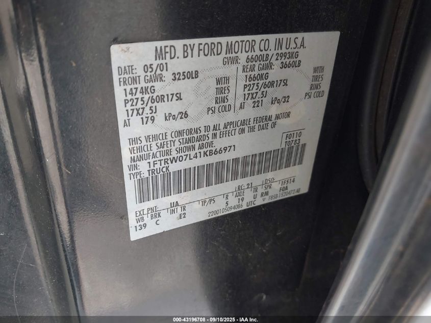 2001 Ford F-150 Harley-Davidson Edition/King Ranch Edition/Lariat/Xlt VIN: 1FTRW07L41KB66971 Lot: 43196708