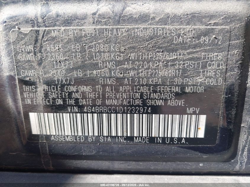 2013 Subaru Outback 2.5I Premium VIN: 4S4BRBCC1D1232974 Lot: 43196726