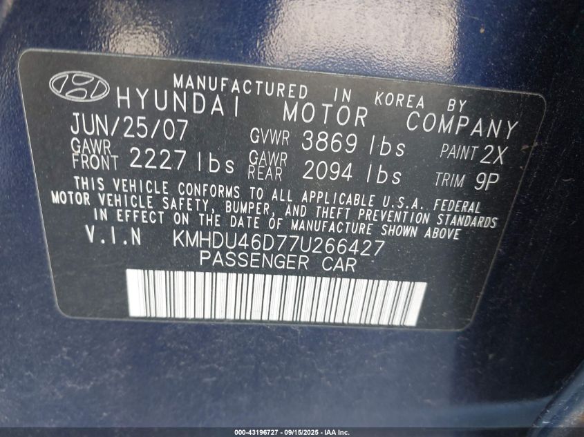 2007 Hyundai Elantra Gls/Se/Limited VIN: KMHDU46D77U266427 Lot: 43196727