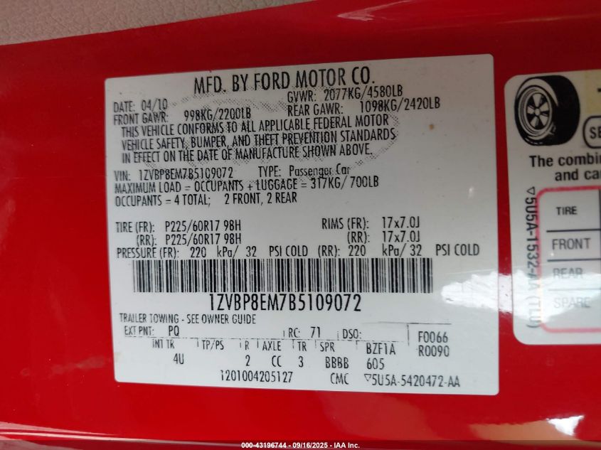 2011 Ford Mustang V6 Premium VIN: 1ZVBP8EM7B5109072 Lot: 43196744