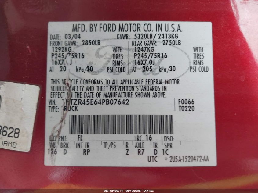 2004 Ford Ranger Edge/Tremor/Xlt VIN: 1FTZR45E64PB07642 Lot: 43196771