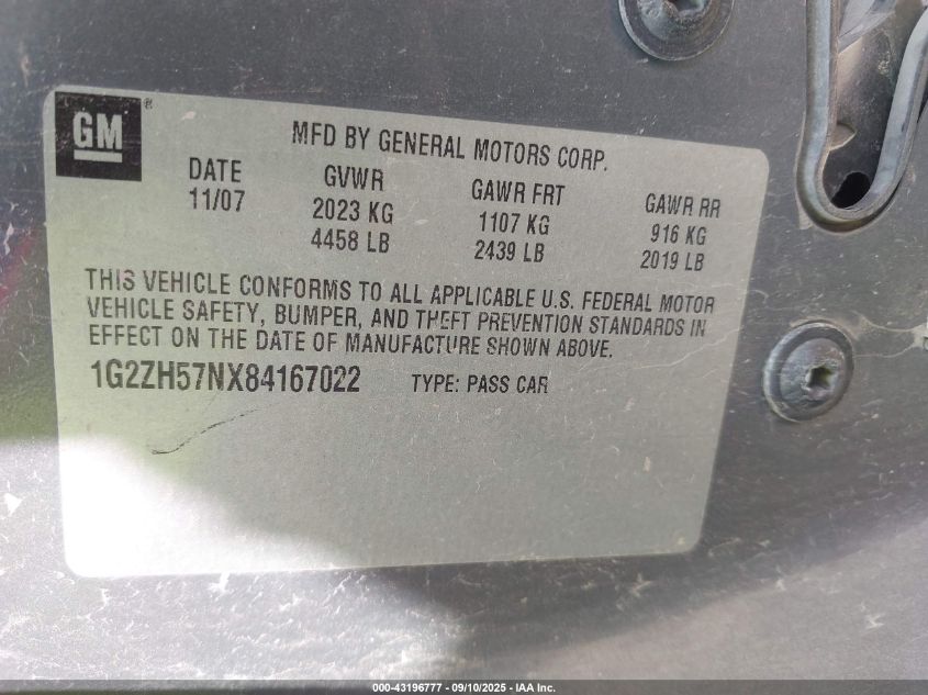 2008 Pontiac G6 Gt VIN: 1G2ZH57NX84167022 Lot: 43196777