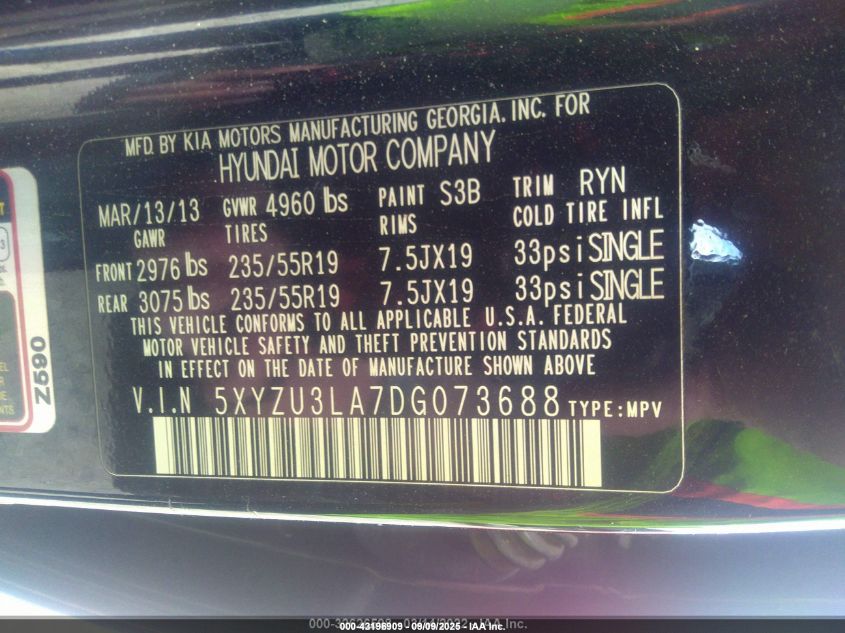 2013 Hyundai Santa Fe Sport 2.0T VIN: 5XYZU3LA7DG073688 Lot: 43196909