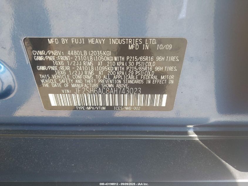 2010 Subaru Forester 2.5X VIN: JF2SH6AC8AH743023 Lot: 43196912