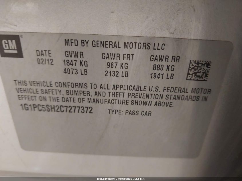 2012 Chevrolet Cruze Ls VIN: 1G1PC5SH2C7277372 Lot: 43196929