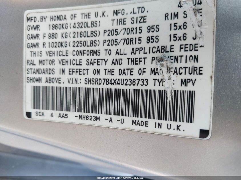 2004 Honda Cr-V Lx VIN: SHSRD784X4U236733 Lot: 43196939