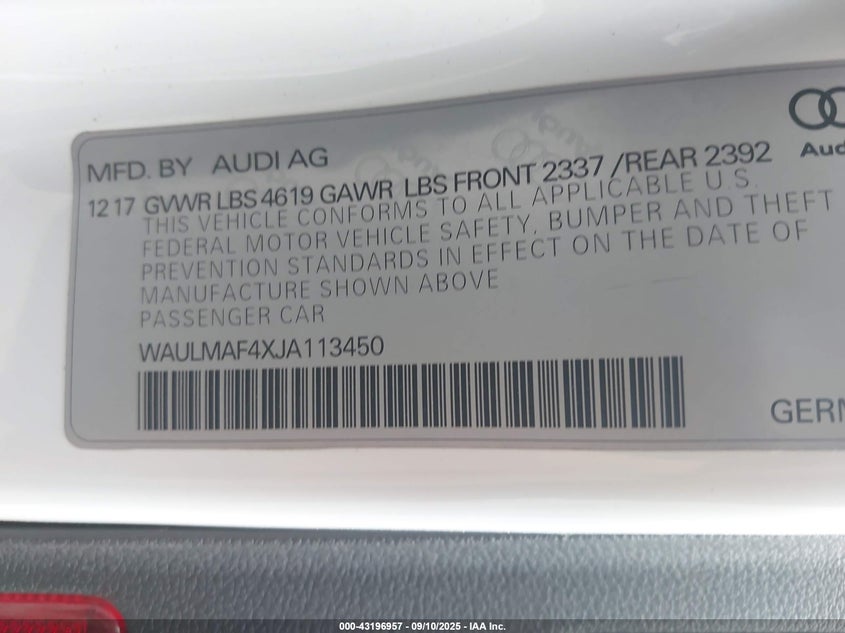 2018 AUDI A4 2.0T TECH ULTRA PREMIUM/2.0T ULTRA PREMIUM - WAULMAF4XJA113450