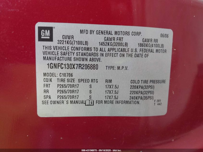 2007 Chevrolet Tahoe Lt VIN: 1GNFC130X7R206880 Lot: 43196975