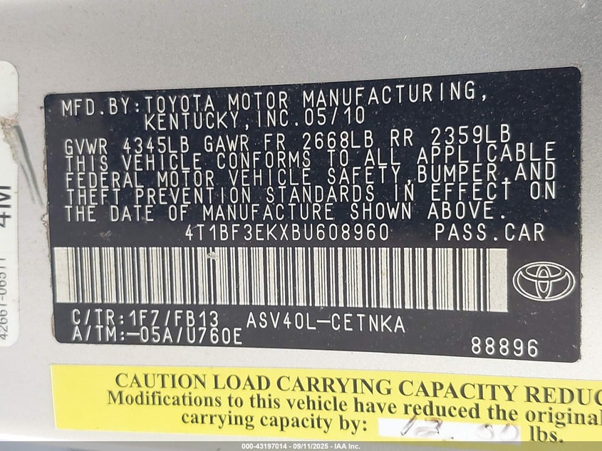 2011 Toyota Camry Le VIN: 4T1BF3EKXBU608960 Lot: 43197014