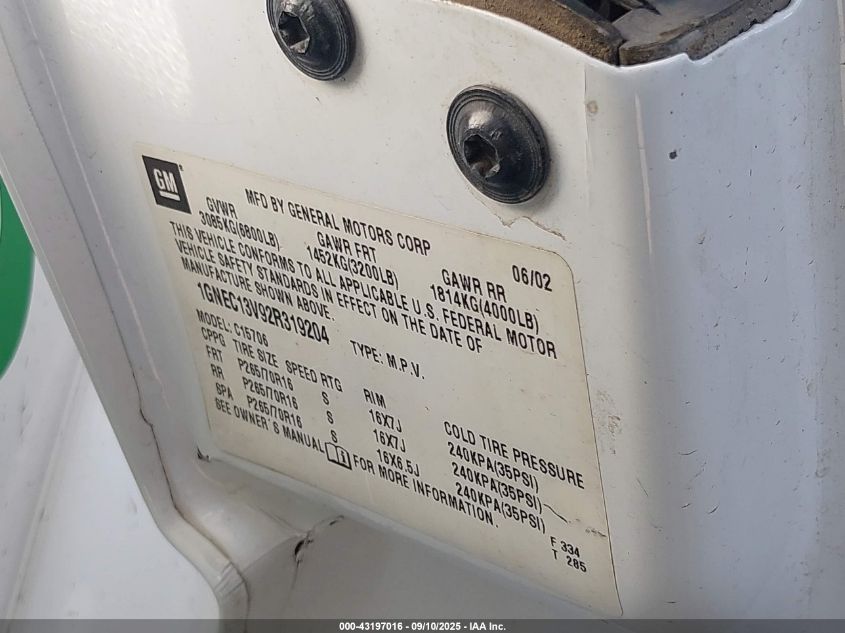 2002 Chevrolet Tahoe Ls VIN: 1GNEC13V92R319204 Lot: 43197016