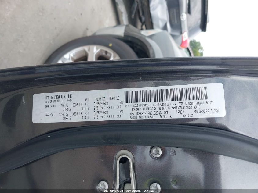 2016 Ram 1500 Laramie VIN: 1C6RR7NT7GS132946 Lot: 43197068